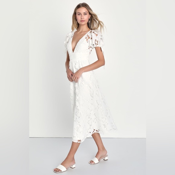 LULU’S Flourishing Blossoms White 3D Floral Backless Midi Dress - Picture 2 of 5